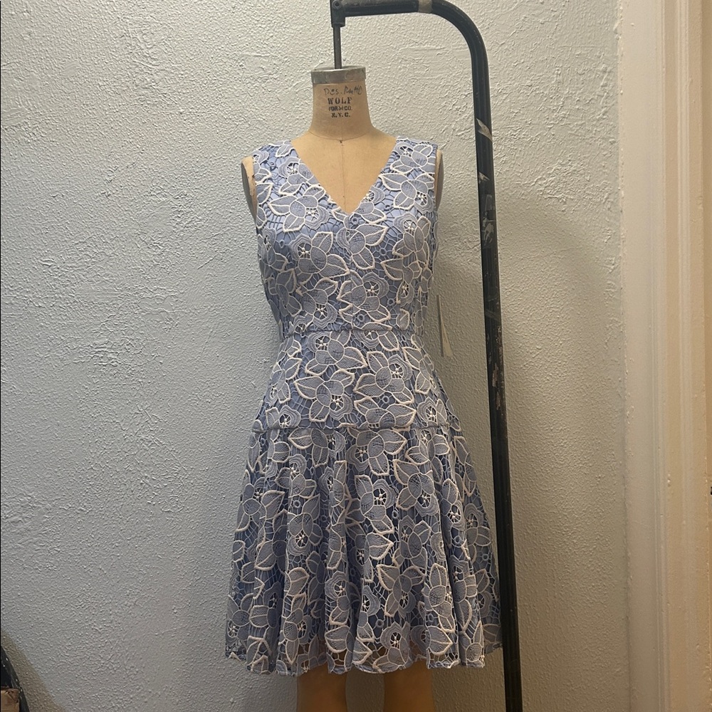 Eliza J Periwinkle Lace Dress with White Floral Design